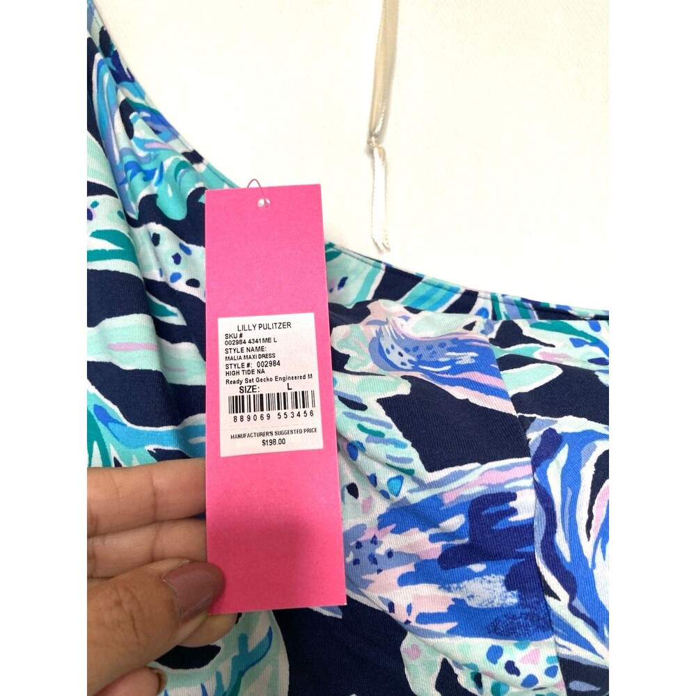 Lilly Pulitzer NWT Malia Maxi Dress High Tide Navy Ready Set Gecko Size Large - Picture 16 of 16